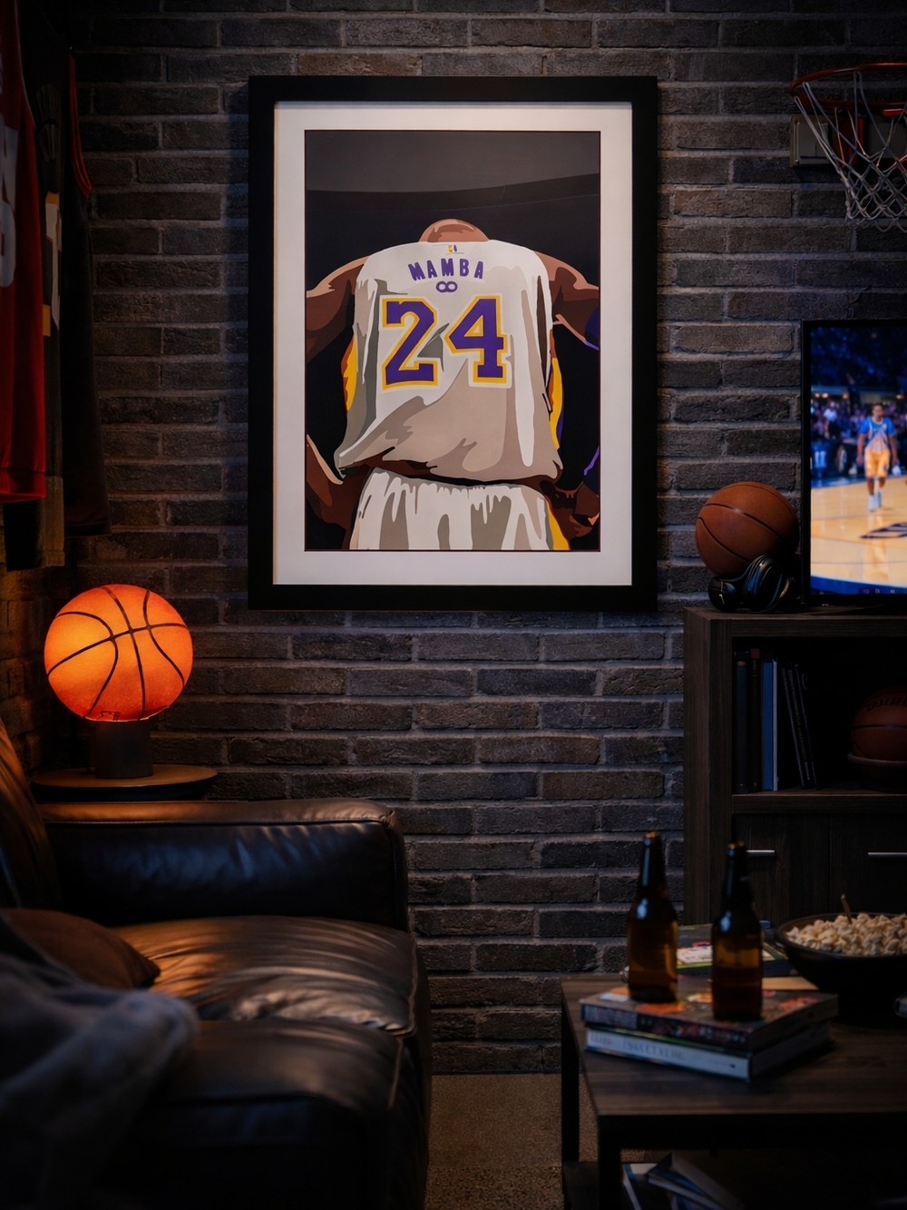 Framed  Kobe Mamba #24 Basketball Jersey Art Print - Black Frame, White & Purple